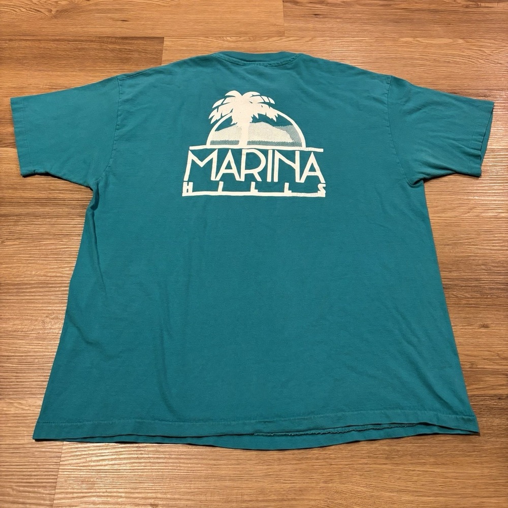Vintage 90s Marina Hills Graphic Tee XL Single Stitch Teal Hanes Heavyweight